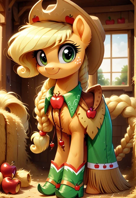 score_9, score_8_up, score_7_up, green dress with white stripe, cowboy boots with apple print, cowboy hat with apple print, solo, MegaFluffyPony, furry, fluffy, (Applejack mlp1.2), cute very fuzzy, necklace (orange colored background) (barn interior) haystraw on ground