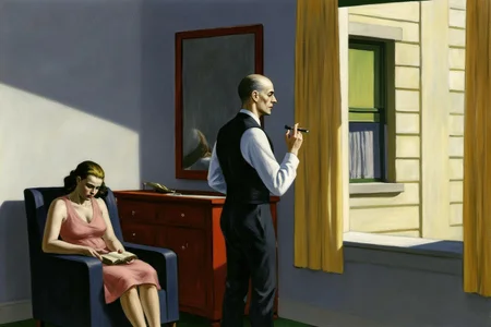 edwardhopper1 painting. 
A bald, middle-aged man stands by a window, holding a cigarette and looking out. He is dressed in a white shirt and a dark vest. To his left, a woman sits on a chair, holding a book. Behind them, there is a red cabinet with a mirror hanging above it. <lora:edwardhopper1_cap_d8a4e11:1.0><lora:847346159923006945:0>