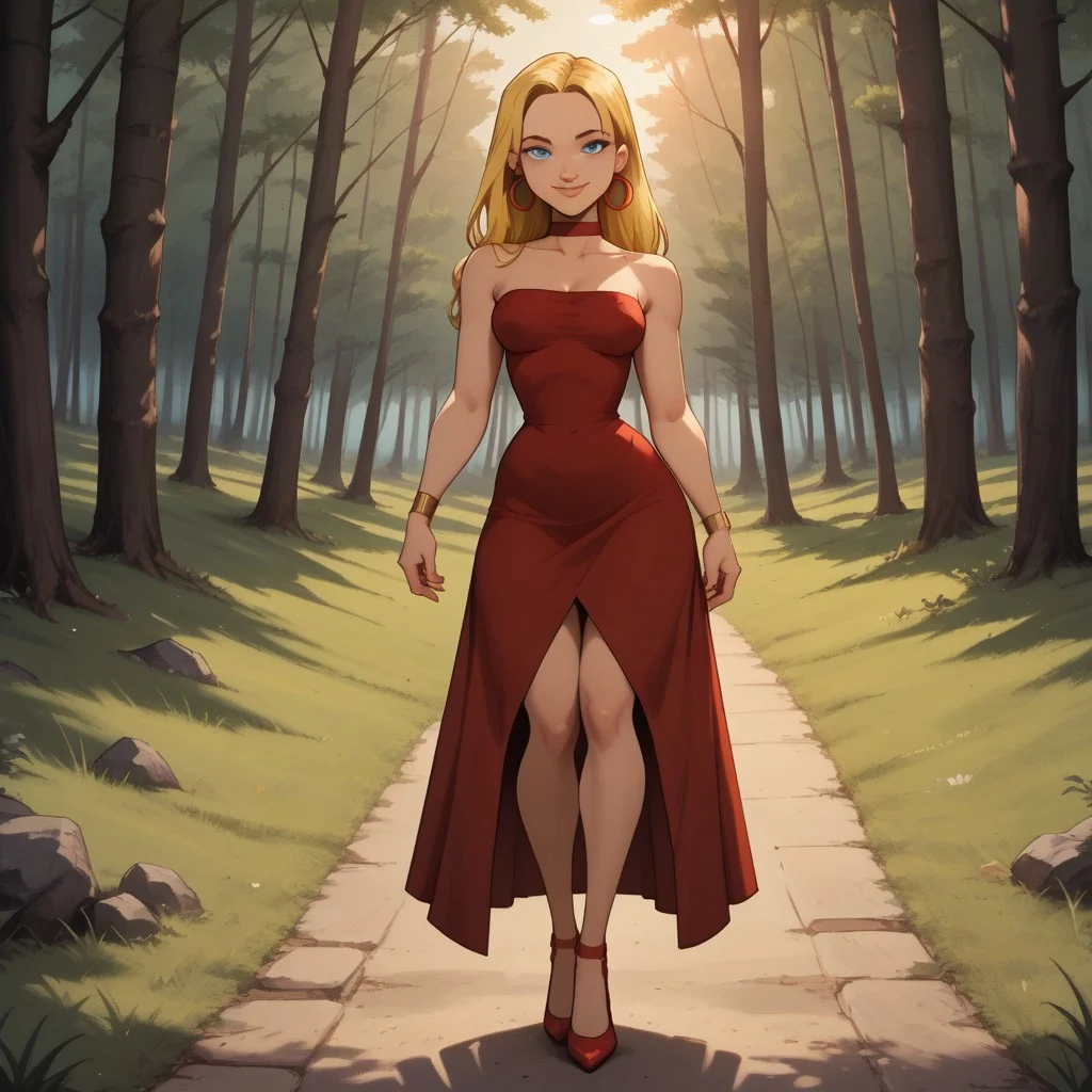 score_9, score_8, BREAK, solo, blonde hair, blue eyes, lips, red dress, red choker, red high heels, red hoop earrings, yellow bracelets, total drama, Blaineley_(Total_Drama), breasts, sexy pose, smile, outdoors, sunlight, shadows, evening lighting, natural lighting, forest, trees, grass, orange sky, sunset