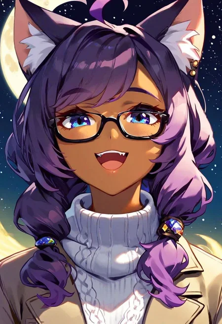 score_9_up, score_8_up_, score_7_up, cute catgirl, cute pose, cute expression, catgirl ears, tanned skin, brown skin, dark blue glasses, square titanium framed glasses, bright purple hair, medium hair, ponytail, ahoge hair, bangs, sideswept hair, sly smile, open mouth smile, arrogant, dark blue turtleneck sweater, white corporate logo on sweater, baggy turtleneck sweater, cozy sweater, oversized sweater, blazer over sweater, khaki trench coat, hi-tech clothes, adorned clothes, starry jewelery, night time, moon, very starry sky, solo focus on face, close up of face, portrait style, from torso up, very detailed, best detail, (best quality:1.5), masterpiece, (high resolution:1.5)
Expressiveh, ng_deepnegative_v1_75t, OverallDetail