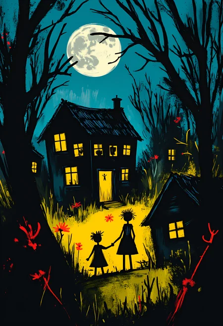 . whimsicalart, darkfairytale, (moonlightart:1.2), (whimsical illustration:1.2), dreamy, moody, fantasy, magic.  from behind.  ((hansel and gretel) standing hand in hand in a dark lone forest at midnight under the full moon. there is a (lonly dark rotten small (gingerbread cabin)) where an (old witch looks out of the door):1.2).  extreme spooky atmosphere, fog, mist.   masterpiece of fun.  brilliant dark collors, volumetric lighting, god rays.  , <lora:30 style\flux Dark Whimsical Art v1 ()>, <lora:30 style\flux MOONZ WILD v1 ():0.8>, , , , ,