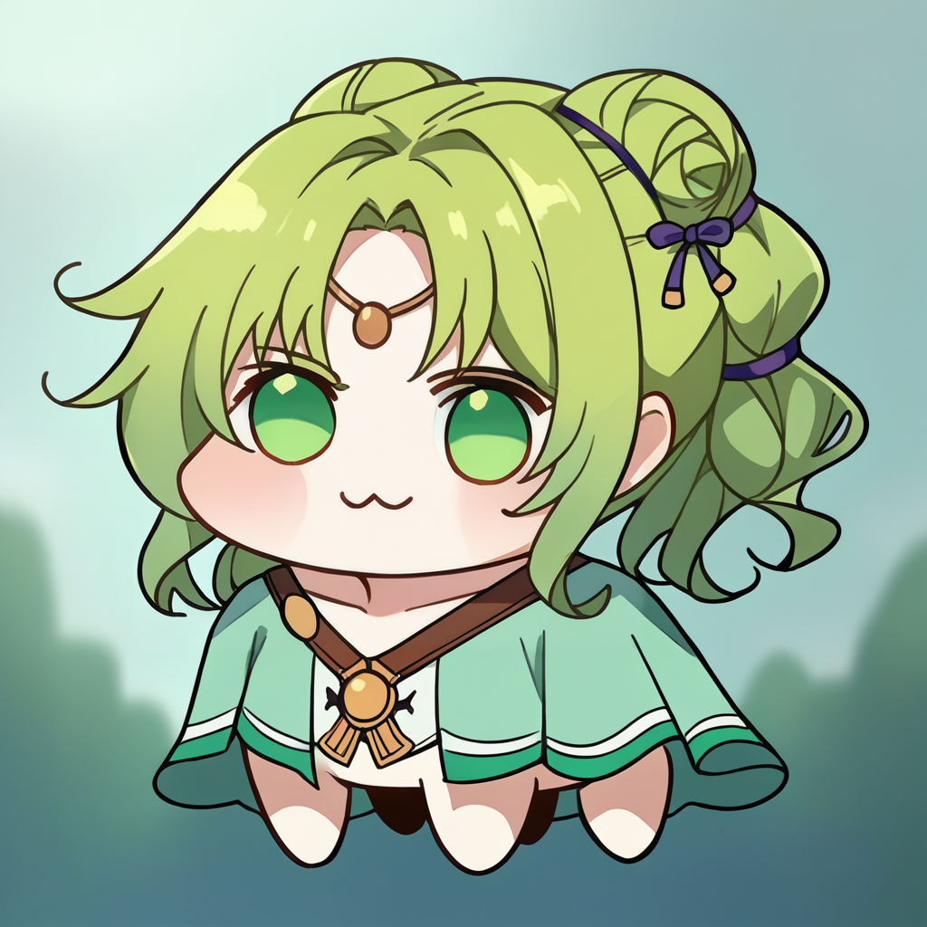 score_9, score_8_up, score_7_up, 1girl, solo, source_anime <lora:NSLArachelFE8:1> NSLArachelFE8, green eyes, green hair, circlet, hair ornament, pauldrons, green capelet, <lora:Doro_X_PDXL_V1:1> doro, creature, :3, chibi, no humans, white skin, four legs, solid circle eyes, no pupils