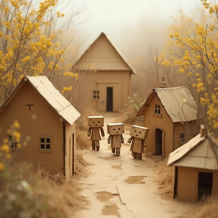 a world made of cardboard, cardboard people, cardboard houses.