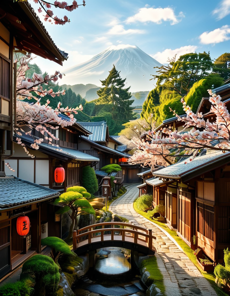 A picturesque traditional Japanese village nestled in a serene valley, surrounded by lush green mountains under a soft morning mist. The village consists of wooden houses with thatched roofs (gassho-zukuri style), showcasing intricate wooden details and sliding paper doors. A narrow stone-paved path winds through the village, leading to a small red torii gate at the entrance of a Shinto shrine. Cherry blossoms in full bloom line the streets, their pink petals gently falling in the breeze. A tranquil river flows through the village, crossed by an old wooden bridge with moss-covered stones. Villagers in traditional kimonos and straw hats go about their daily livesâan elderly man sweeping his porch, a woman carrying a basket of fresh produce, and children playing near a koi pond. The atmosphere is peaceful and nostalgic, with warm sunlight filtering through the trees, casting dappled shadows on the ground. The scene is rich in traditional Japanese aesthetics, evoking a sense of harmony and timeless beauty.
<lora:SDXLFaeTastic2400:0.4> <lora:extremely_detailed:0.4> extremely detailed,<lora:traditional_Japanese_v1ll4g3:1>,traditional Japanese v1ll4g3, Masterpiece,best quality,hi res,8k,hi res,8k,award winning,(sharp focus, intricate, highly detailed),