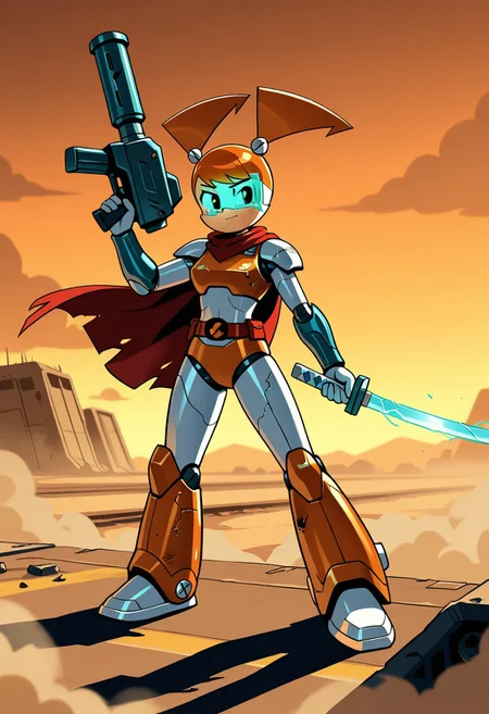 Jenny Wakeman, XJ-9, female, 1girl, solo, robot girl, red pigtails, scavenged samurai-mech armor, tattered red cloak, cracked visor, plasma katana, one arm replaced with railgun cannon, post-nuclear wasteland, sandstorm winds, wrecked war machines, crumbling highway overpass, dark orange sky, gritty dieselpunk aesthetic, Kentaro Miura-inspired detailing, heavy shadows, worn metal textures, dynamic action pose