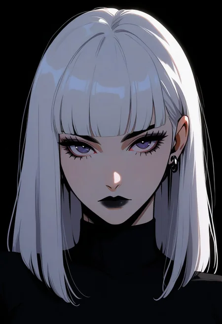 gthan, 1girl, solo, white hair, megenta eyes, black lips, bangs, jewelry, earrings, looking at viewer, makeup, blunt bangs, closed mouth, black background, portrait, lipstick, turtleneck, medium hair, simple background, long hair
