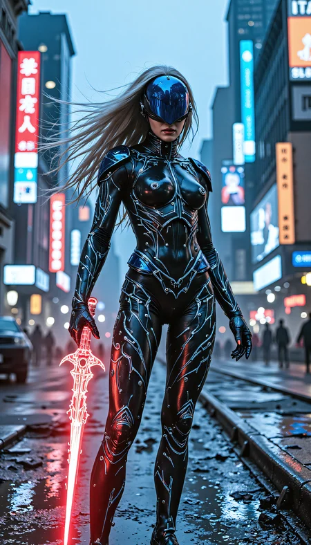 devast8,macro shot A creative image of a powerful female cyber soldier, standing strong in a futuristic neon-lit cityscape with holographic advertisements and towering skyscrapers, wearing a sleek helmet with a tinted blue visor and shiny armor made of blue energy with glowing circuits, armed with a red glowing energy sword with intricate metallic details, flowing silver hair and neon blue accents on her armor, inspired by the futuristic styles of Syd Mead, the vibrant colors of Ash Thorp, and the dynamic compositions of H.R. Giger