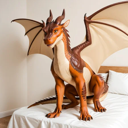 score_9, score_8_up, score_7_up, score_6_up, score_5_up, score_4_up, masterpiece, high quality, realistic, detailed, best quality, white bed, solo, rating_safe, source_furry, bedroom, smiling, happy, detailed eyes, detailed face, (looking at viewer, standing), Mudwing_wof, brown scales, squarish face, darker colored snout, tan underbelly, dragon, horns, claws, wings, tail, feral, (1girl, female, eyelashes, feminine, slender build, thinner)