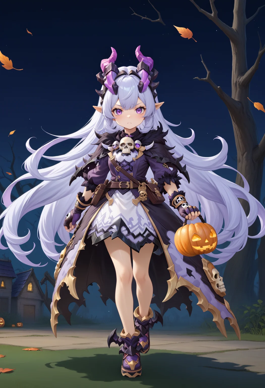 masterpiece, best quality, very aesthetic, absurdres, rom_hela_xl,
1girl, purple hair, horns, purple eyes, grumpy, skull on chest, purple dress, fingerless gloves, saddlebag,
one hand on waist, full body, standing,
haunted house, withered trees, bats, halloween, pumpkin,
outdoors, (wind, falling withered leaves, light particles:1.4), light rays, tyndall effect, vivid colors, tranquil and magical atmosphere,
shiny skin, beautiful face, beautiful eyes, extreme detailed, official art, professional illustration, hires,
<lora:rom_hela_xl:1>, <lora:aesthetic_anime_v1s:0.5>, <lora:add_details_xl:0.5>