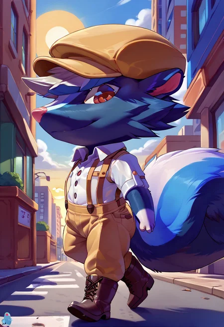 score_9, score_8_up, score_7_up, gorgeous, high detail, masterpiece, detailed face, stunning, detailed body,
1boy, male, solo anthro,
by rajii,
rear view,
walking away from viewer, looking over shoulder, looking back, looking at viewer, (KicksAC, skunk, big tail, beige hat, red eyes:1.4), (blue fur:1.6), boots, chibi, tiny feet
(white collared shirt, beige suspenders, beige slacks:1.4),
smile,
city streets setting, sun, blue sky, white clouds, buildings, zPDXL3