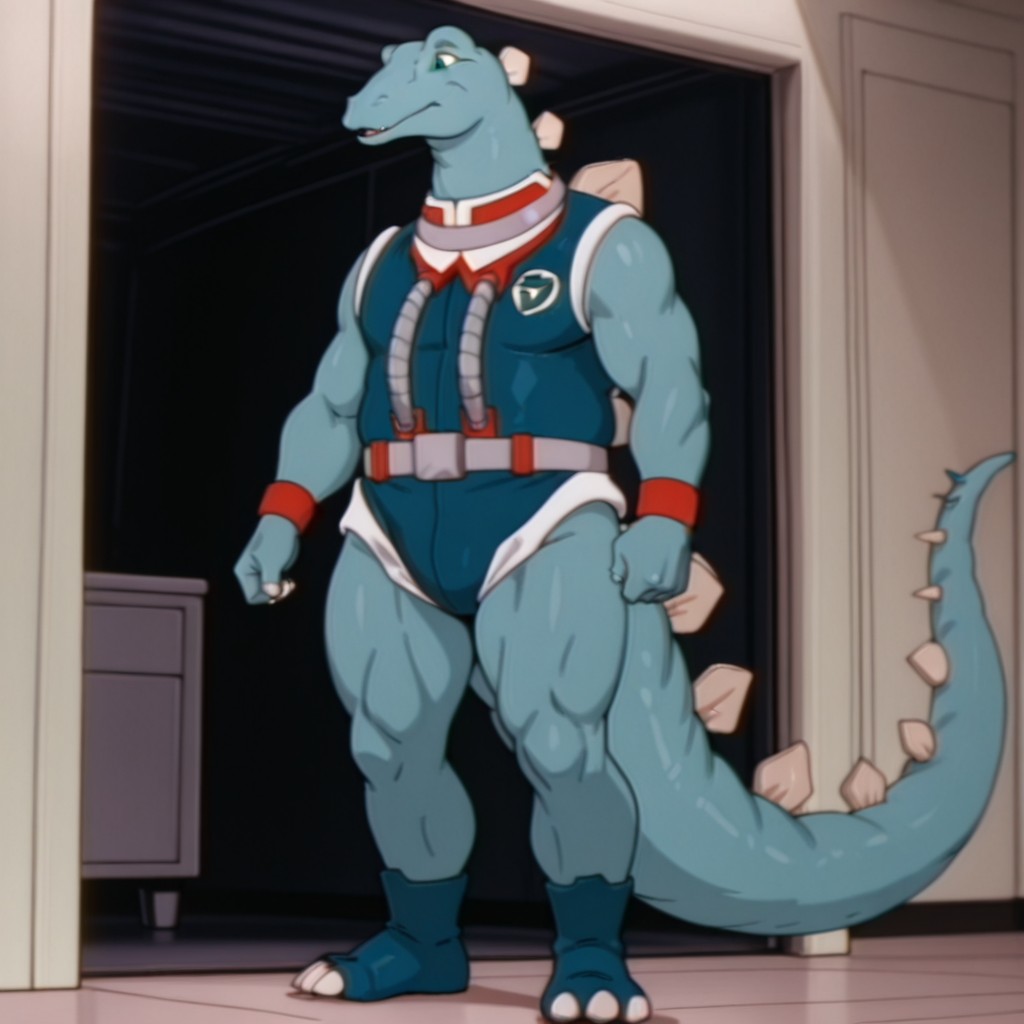 masterpiece, best quality, amazing quality,  StegoDSil, anthro, male, Stegosaurus, blue skin, green eyes, blue bodysuit, white trim, red collar, white trim, grey strap, grey hoses, grey belt, red wristbands, blue boots, inside, standing, 1boy, solo, <lora:273ca077-3089-4ca3-af92-96a1ad553d76:1.0>