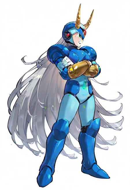 masterpiece, best quality, amazing quality, highres, high resolution, solo, score_9, score_8_up, score_7_up, 1boy, male focus, :green_eyes, blue_helmet, blue_armor, blue_bodysuit, white_gloves, blue_boots, very long hair, grey hair, large pectorals, ex kulve taroth alpha armor, gold horns, gold gauntlets, black knee boots, gold pauldrons, arms crossed, full body,