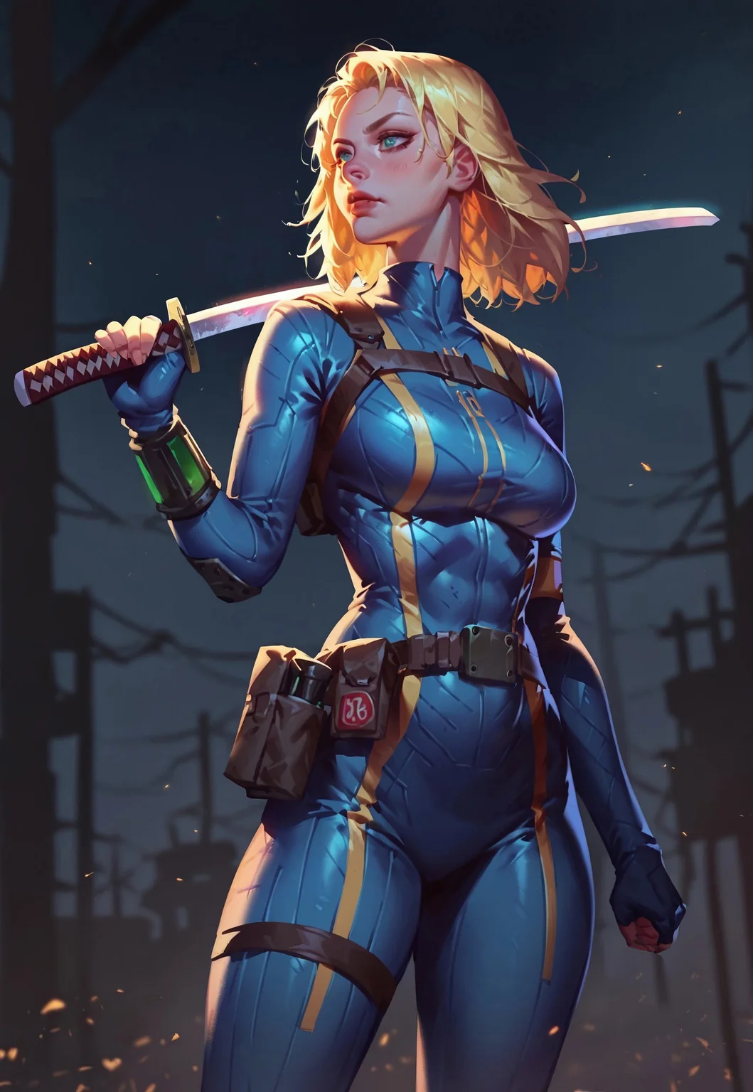 score_9, score_8_up, score_7_up, 1girl, solo, darkness, night, low light, Fallout, vault girl, vault suit, blonde hair, holster, tactical, armor, curvy, katana, holding, legs, standing, depth of field, dutch angle, cowboy shot