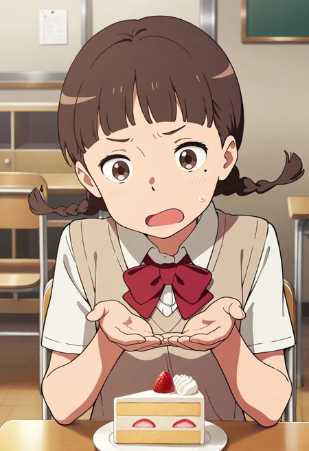 masterpiece,best quality,amazing quality, natori sayaka, brown eyes, brown hair, twin braids, 1girl, food, braid, solo, cake, open mouth, bow, school uniform, indoors, chair, shirt, mole under eye