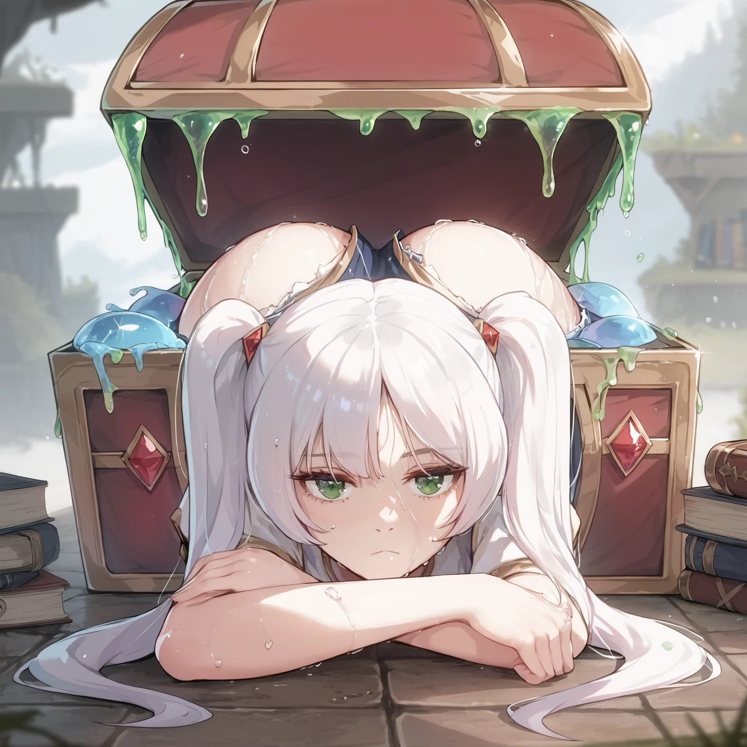 score_9, score_8_up, score_7_up, score_6_up, score_5_up, score_4_up, frieren trapped by mimic chest,mimic chest,white hair,twintails,<lora:mimic_chest_ponyxl_v9:0.8>,<lora:merrytail_pony_v1:0.8>,ass,cover,gemstones,magic books,face focus,expressionless,bored,green eyes,slime,saliva,wet clothes,