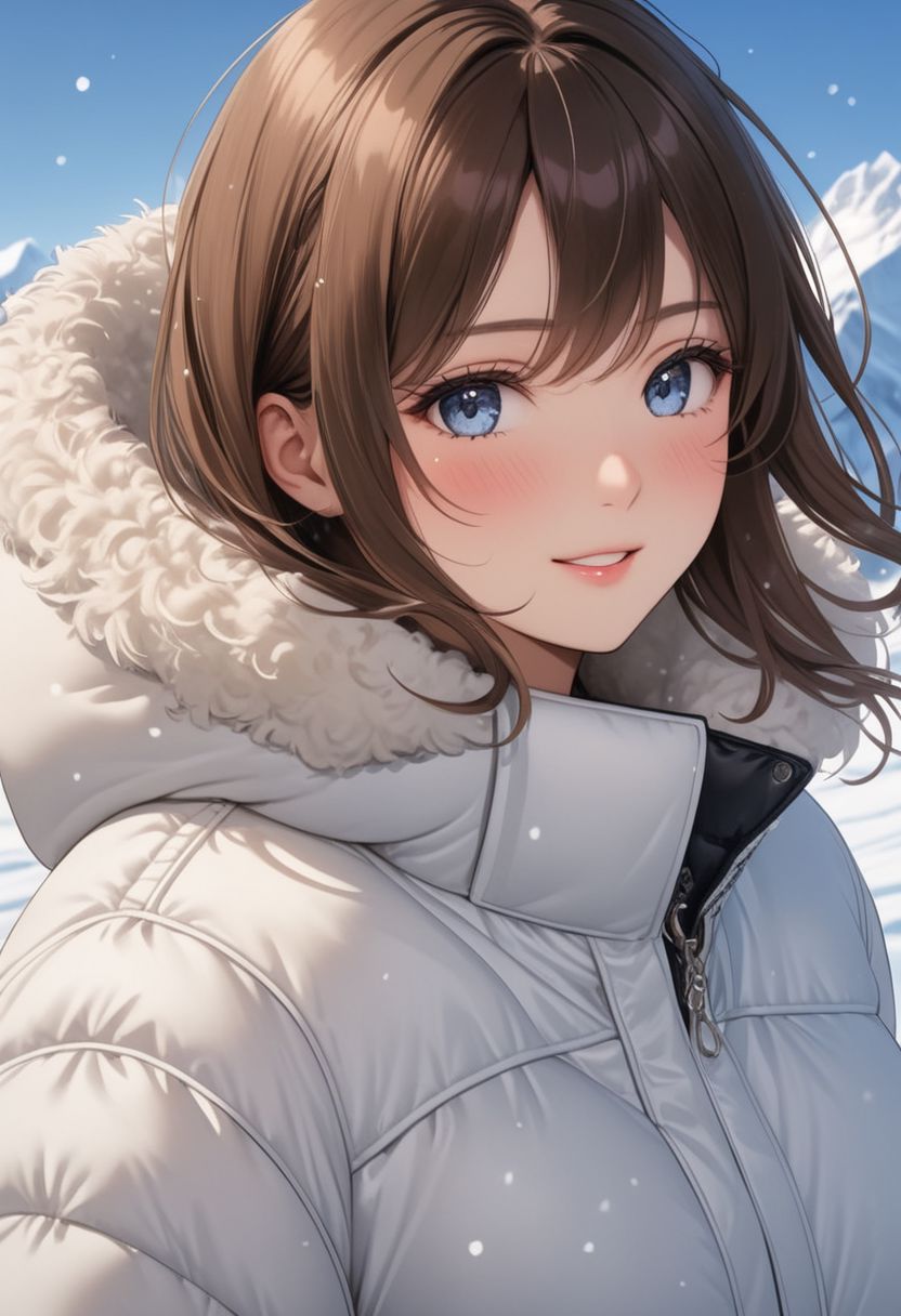 ((((white Oversized shearling down jacket)))), ((((white Oversized shearling puffer jacket)))), ((((white Oversized shearling winter clothes)))), ((((very very cold, in cold)))), ((((semi-realistic)))), ((((puffer hood)))), ((((upper body)))), ((sharp eyelid, eyeliner, eyelashes, beautiful detailed eyes, tsurime, long messy brown hair, blue eyes, perfect anatomy)), smile, walking, icefield, dynamic pose, ((((masterpiece)))), ((((best quality)))), ((intricate details)), RAW, 8K UHD, (1girl), office lady, detailed face, beautiful face, charming, bonny, (erotic face), (((blush))), (((heavy breathing))), (((feels orgasm))), wind, (Thick padded collar:1.4), (TSH:1.4), (Thick padded cuffs:1.4)