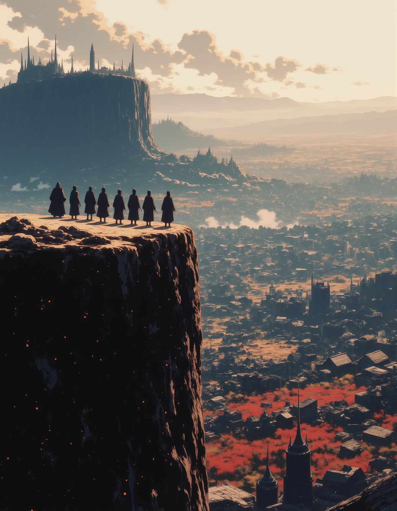 A group of warriors standing on the edge of a cliff, looking out over a battlefield where two massive armies clash below.,
 <lora:NeonFantasyFLUX:0.8> ne0nfant4sy,