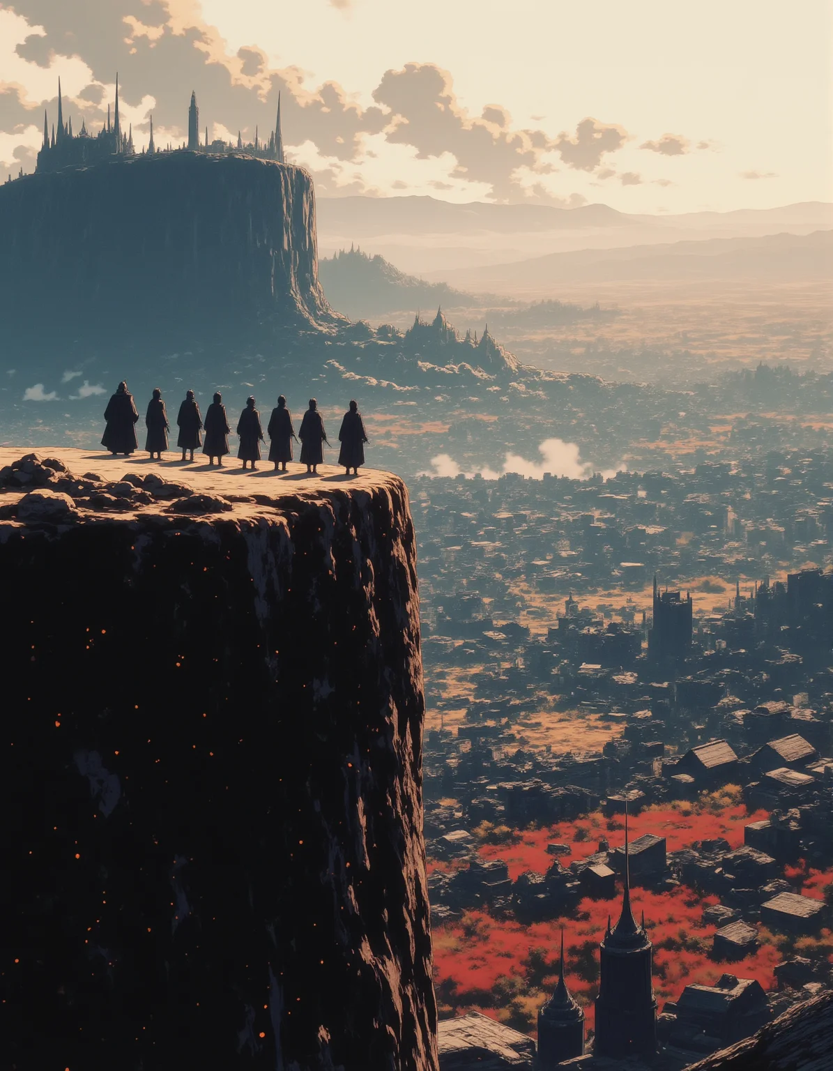 A group of warriors standing on the edge of a cliff, looking out over a battlefield where two massive armies clash below.,
 <lora:NeonFantasyFLUX:0.8> ne0nfant4sy,