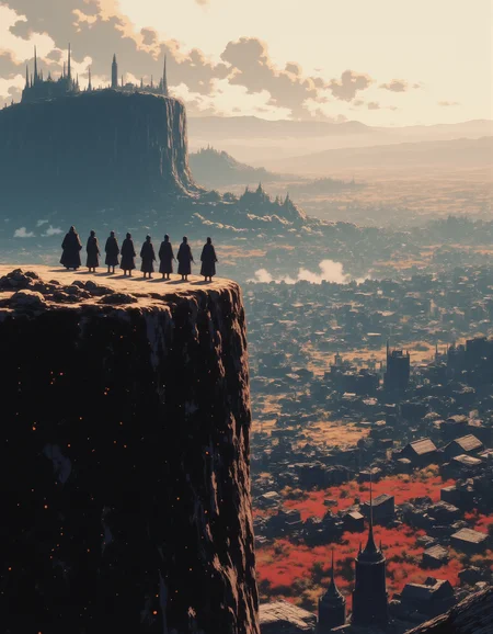 A group of warriors standing on the edge of a cliff, looking out over a battlefield where two massive armies clash below.,
<lora:NeonFantasyFLUX:0.8> ne0nfant4sy,