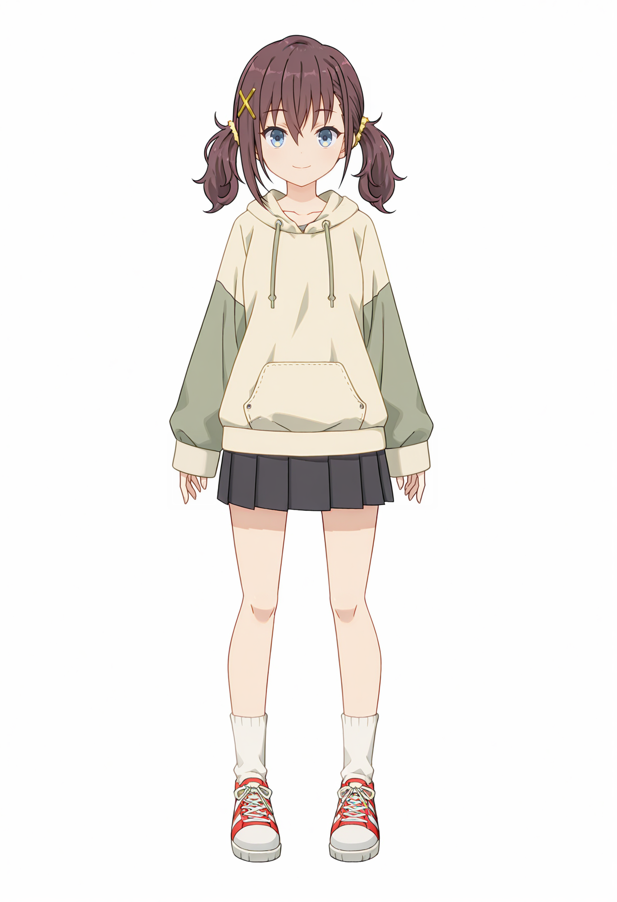 <lora:Kurea FURUTACHI_illustrious-000048:1>,
Kurea FURUTACHI,solo,skirt,full body,smile,socks,hoodie,shoes,hair ornament,white background,pleated skirt,black skirt,hood,simple background,standing,looking at viewer,long sleeves,white socks,closed mouth,sneakers,blue eyes,sleeves past wrists,hood down,drawstring,hairclip