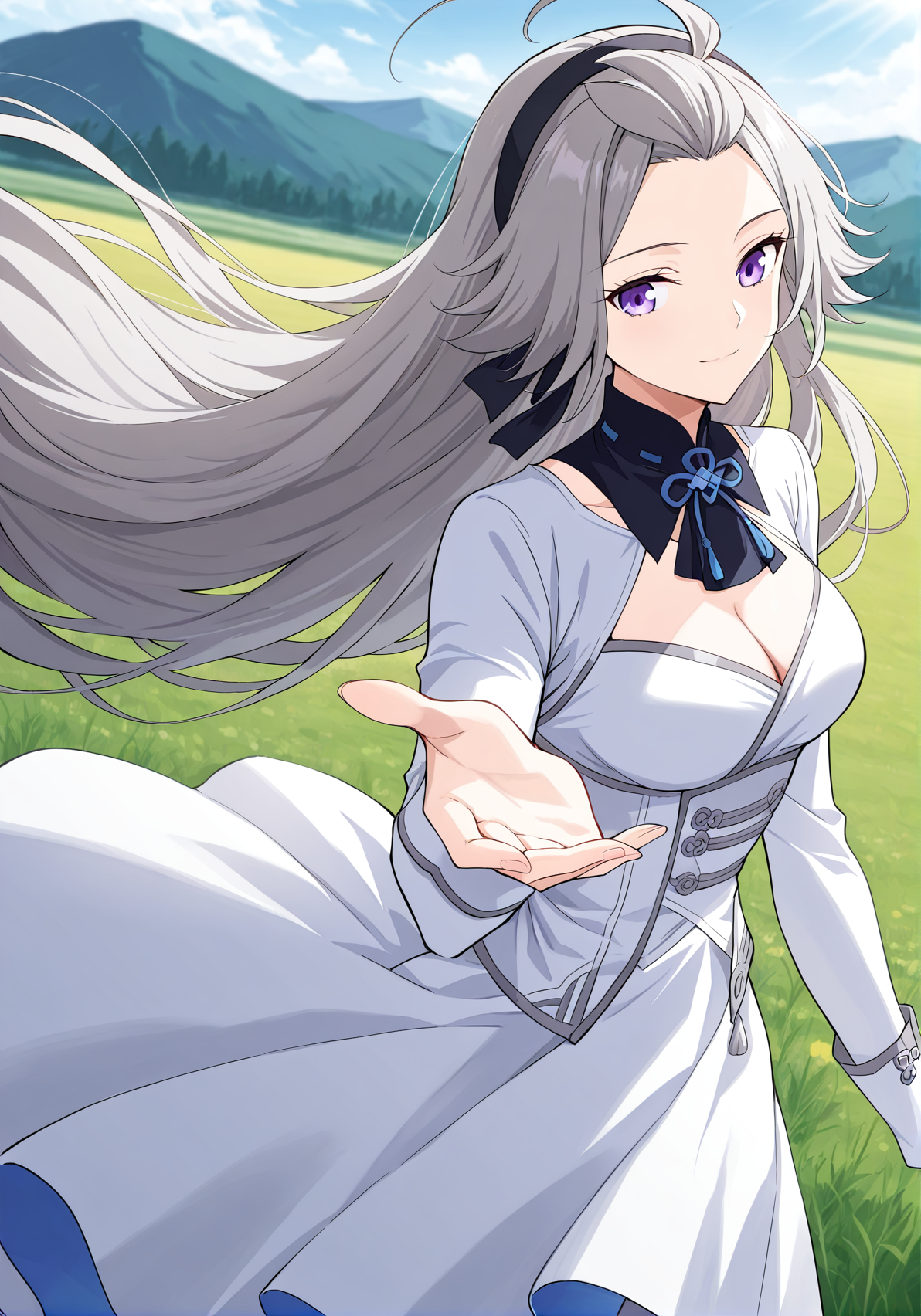 <lora:Han_Yue__Battle_Through_the_Heavens__Illustrious:1>
1 girl, solo, purple eyes, grey hair, very long hair, 
ahoge, white dress, long sleeves, black hairband, black knee boots, cleavage, blue ribbon, clothing cutout, cleavage cutout, 
score_9, score_8_up, score_7_up, very aesthetic, source_anime, detailed, high quality, beautiful, masterpiece, detailed eyes, field, blurry background, pose dynamic angle, upper body, cowboy shot, light smile, looking back, reaching out, floating hair