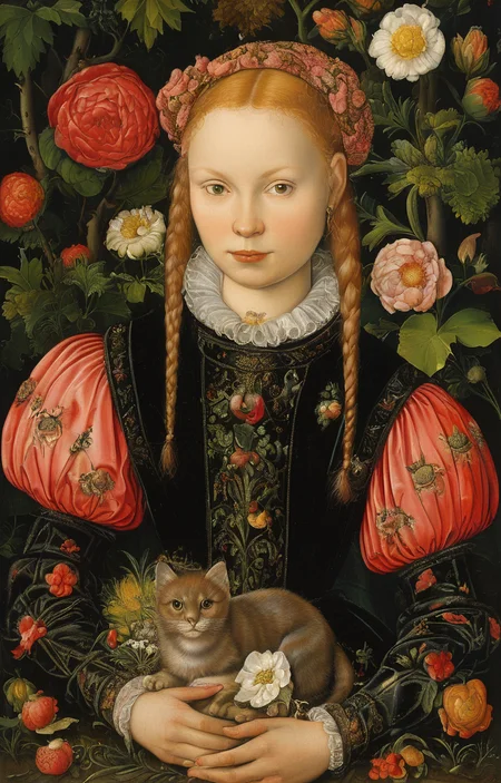 masterpiece,best quality,<lora:tbh282-sdxl:0.9>,illustration,style of Lucas Cranach the Younger tech genius teenage girl