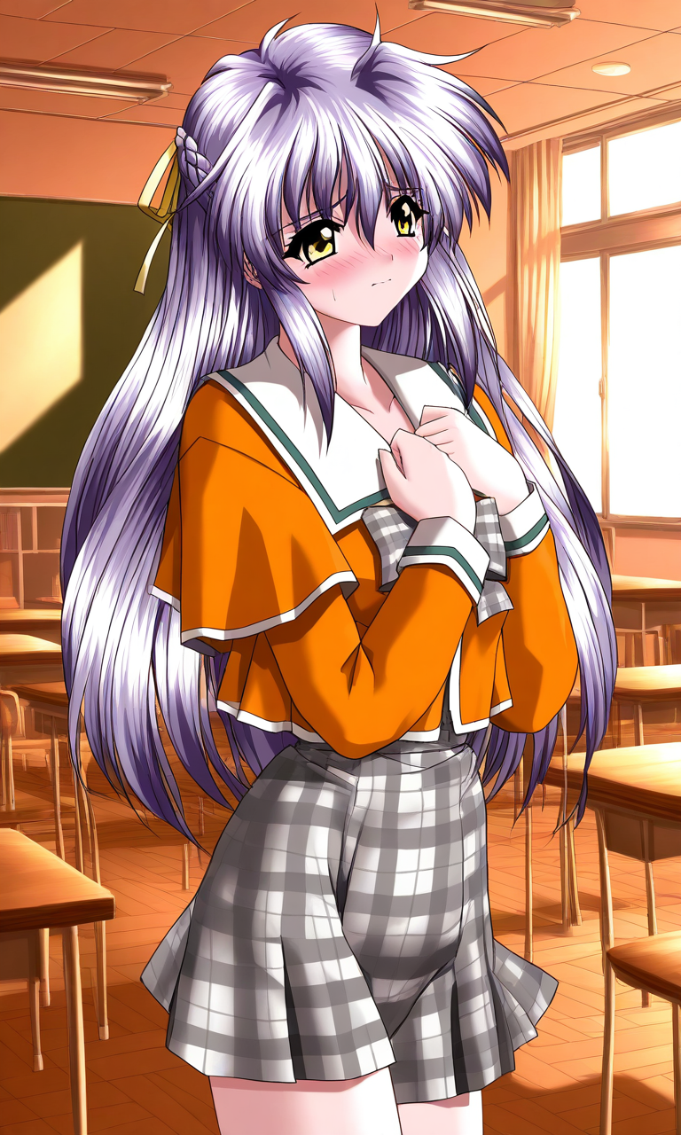 general,highres, ultra-detailed,very aesthetic,best quality ,best hands, BREAK <lora:Nishikujo_Shion_Akumu_AoiKajitsunoSange_IS:1>
Nishikujo_Shion, 1girl, solo, light purple hair, long hair, half updo, yellow eyes, hair ribbon, yellow ribbon, small breasts,
embarrassed+afraid
orange school uniform, ribbon, white and gray skirt, outdoors, 
hands on own chest,
plaid skirt, plaid bow, long sleeves, serafuku,
School, class room, curtain.