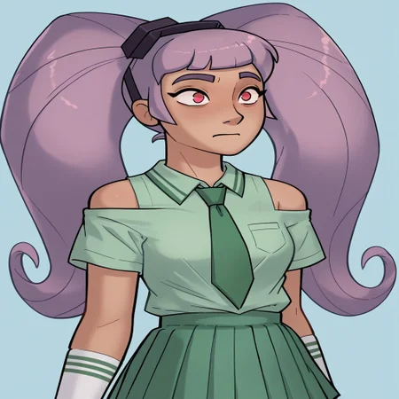 score_9, score_8_up, score_7_up, relatedguy, bust shot, solo, bare shoulders, CHEntrapta, simple background, one colour background, light blue background, Guilty, Downcast eyes, slumped shoulders, and a slightly ashamed expression, School Uniform, Green Tie, Green Collar Shirt, Skirt, Pleated Skirt, Short Sleeves, Long Socks,