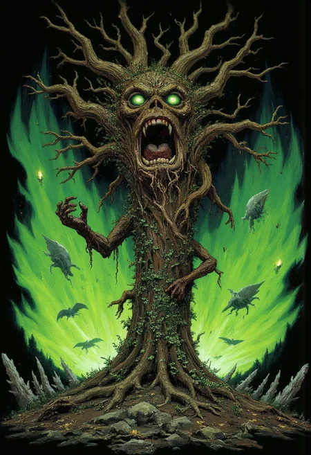 A massive, twisted tree at the edge of the Wyrmwood Forest, its bark gnarled into the form of a grim, humanoid face with hollow eyes that glow green, its branches stretch like skeletal arms tangled with vines of frost, below it stands the gatekeeper—a hulking treant fused with the ice, its movements sluggish but every step shakes the earth, frostbitten wildlife flit through the bioluminescent mist that surrounds it, the palette is a mix of earthy browns and glowing greens, inspired by the surreal organic monstrosities of Ian Miller, with intricate detailing and a surreal, dreamlike quality.
, Vibrant, grotesque, and surreal with bold contrasts, heavy black outlines, and a blend of dreamlike autumnal hues; a mix of neon, retro, and pagan elements, inspired by Sean Aaberg’s punk-infused, chaotic energy and dreamcore's eerie, nostalgic undertones