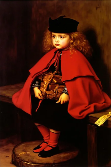 jem1 painting.
A small child with curly, light brown hair. The child is sitting on a worn, wooden bench or stool, with a melancholic expression. She is dressed in a rich, deep red cloak with a black hood, which is draped over her shoulders. <lora:jem1_cap_d6a3:1.0><lora:822883813999906622:0>
