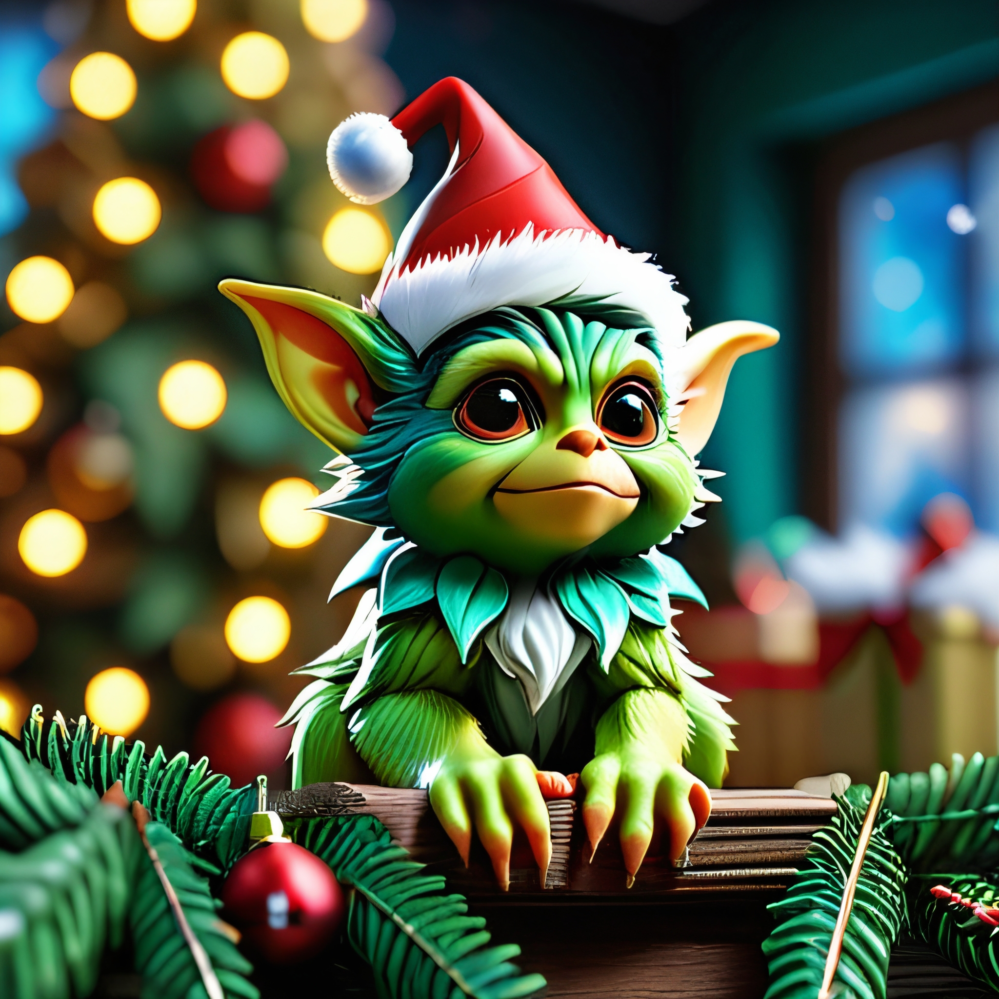 masterpiece, intricate photo, christmas gremlin, background kids elven toy factory at the north pole, christmas tree, festively decorated, christmas gifts, photo realistic, hyper realistic, highly detailed, sharp focus, best quality, high resolution, colorful, vibrant colors, studio lighting, 8K