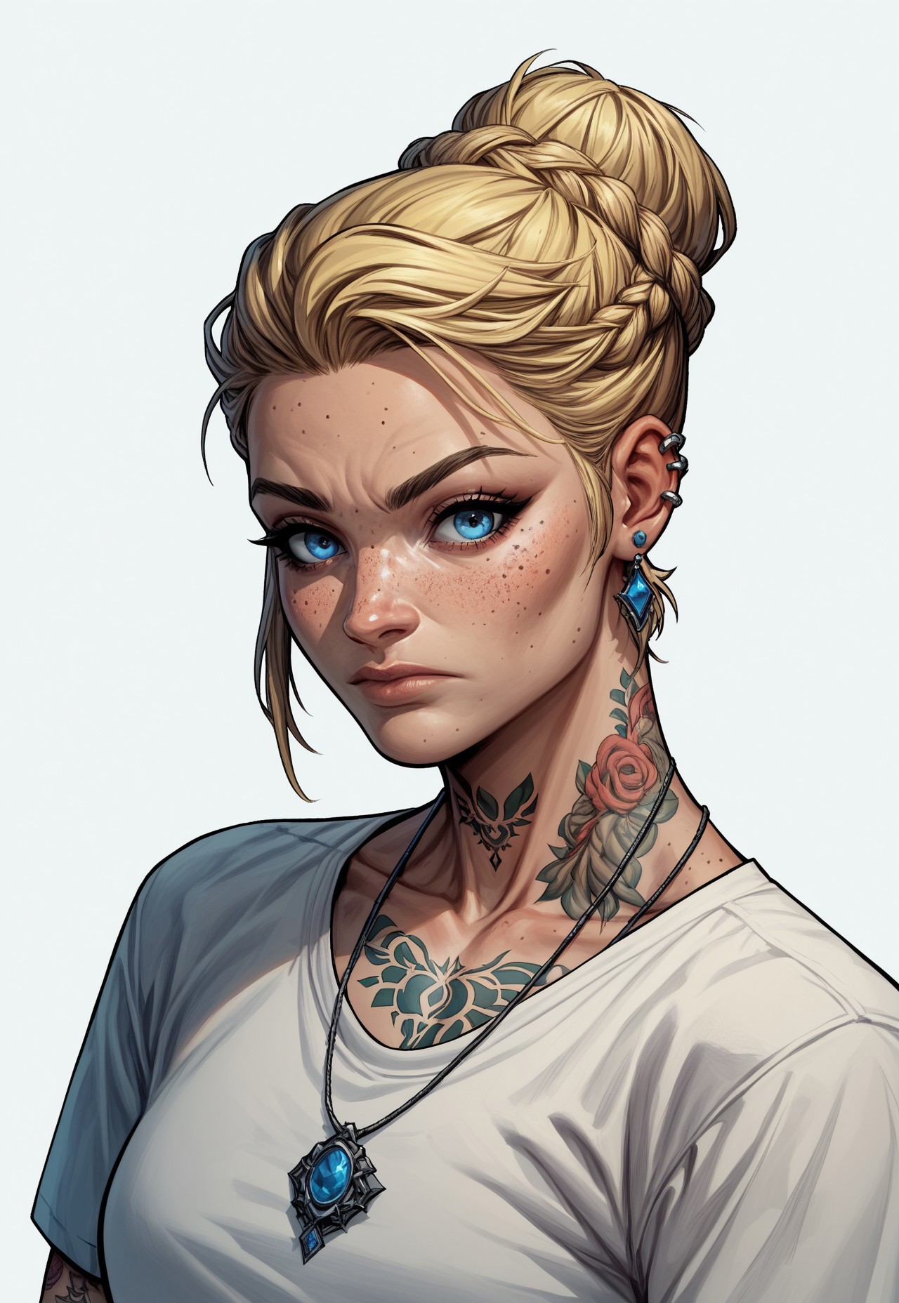 PonyXLV6_Scores , SUP3RH3R0 Style, tattoo, solo, neck tattoo, jewelry, earrings, braid, piercing, blue eyes, looking at viewer, hair bun, ear piercing, blonde hair, freckles, single hair bun, simple background, upper body, shirt, 1boy, white background, male focus, necklace, closed mouth, 1girl, comic art style