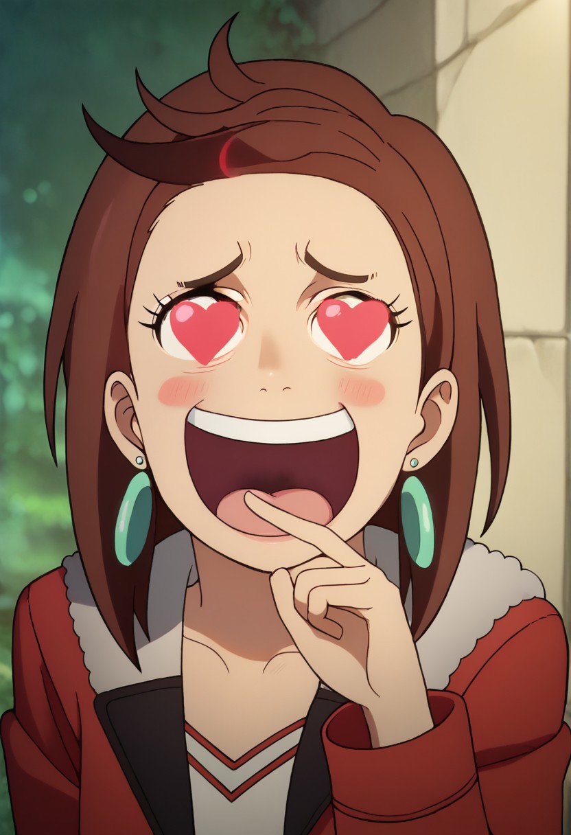 score_9, score_8_up, score_7_up, best quality, masterpiece, BREAK 1 girl, MomoEP4otfits,   Momooutfit1, red jacket, white shirt, fur trim, earrings, jewelry, popping eyes, eye popping out, brown hair,
SanijSimpface, heart shaped eyes, eye-pop-out,