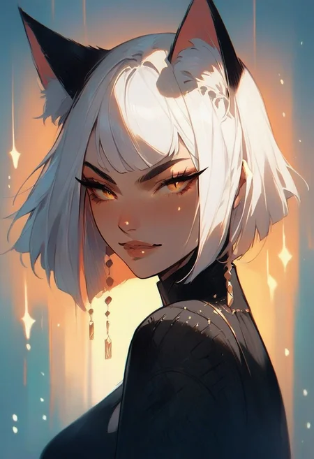 source_anime, score_9, score_8_up, score_7_up, score_6_up,Japanese art style,1girl, solo, catgirl, cat ears, white hair, bangs pinned up, golden eyes, vertical pupils, pale skin, 😒