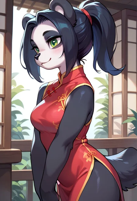 score_9, score_8_up, score_7_up, high detail, 4k, high resolution, best quality, kemono,
Solo, 1girl,
Li li stormstout, anthro panda, black fur, ponytail, black hair, green eyes, female, smile, mid breasts, chinese dress, side view,