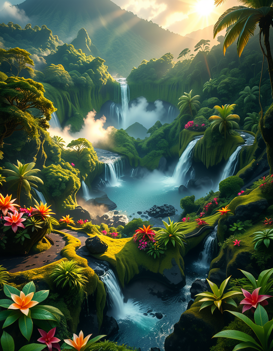 A breathtaking view of an ancient, dormant volcano now transformed into a lush, vibrant natural sanctuary. The crater is filled with dense tropical forests, colorful exotic flowers, cascading waterfalls, and mist swirling gently in the morning light. Vines and moss cover the dark volcanic rocks, and small streams wind down the slopes. while rays of sunlight pierce through the dense canopy, creating sparkling reflections on the water. The atmosphere feels peaceful, enchanted, and untouched by humans. The scene is depicted in an ultra-detailed, hyper-realistic style, with warm, soft lighting and rich, saturated colors that enhance the magical and serene mood of the landscape.
<lora:SDXLFaeTastic2400:0.4> <lora:extremely_detailed:0.4> extremely detailed, <lora:dormant_v0lc4n0:1>,dormant v0lc4n0, Masterpiece,best quality,hi res,8k,hi res,8k,award winning,(sharp focus, intricate, highly detailed),
