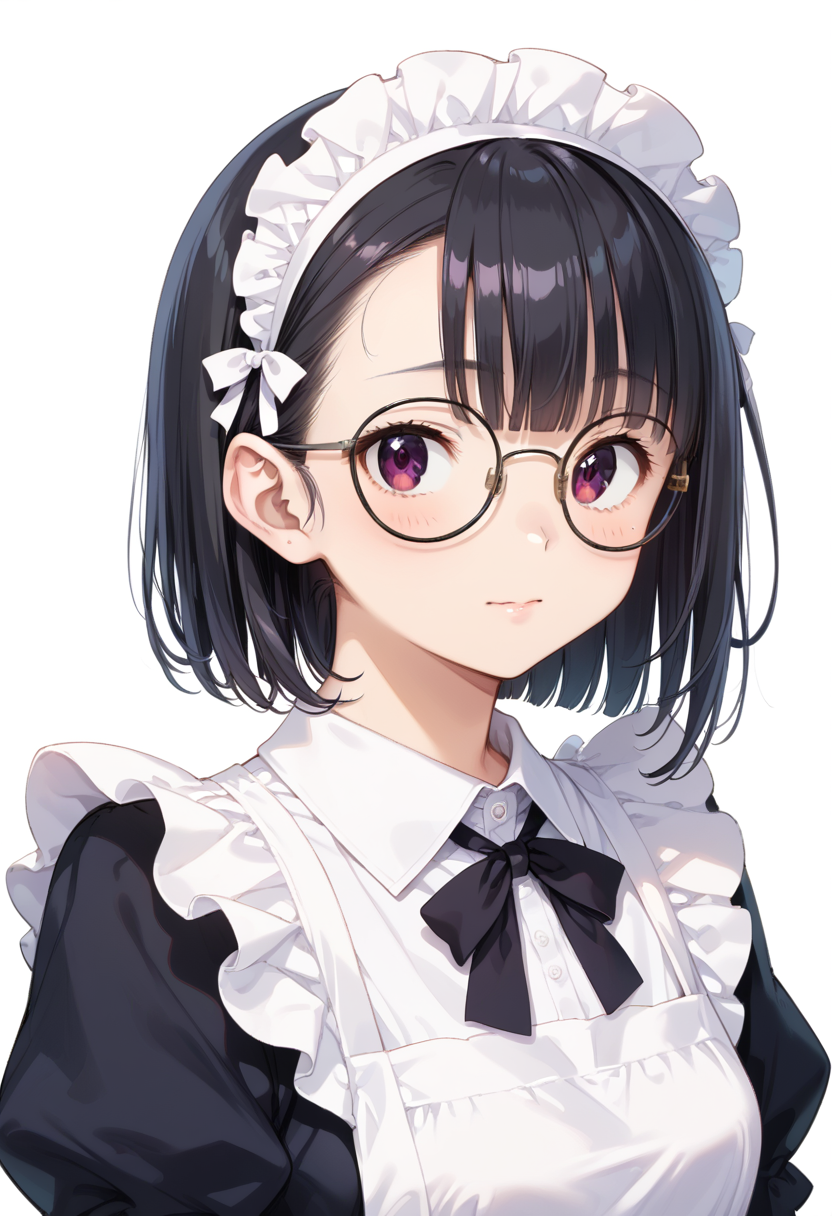 score_9, score_8_up, score_7_up, rating_safe, masterpiece, best quality, absurdres, unity 8k wallpaper, official art, official style, source_anime, uncensored, game cg, megami magazine,
1girl, solo, black hair, medium hair, upper body, covered eyes,maid, maid headdress, black dress, maid apron,
g-boston19A, glasses, simple background, white background, black-framed eyewear, upper body, face focus,
<lora:glasses_boston19A_PONY_V1:1>