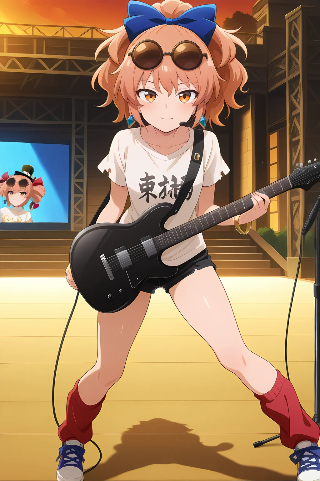 absurdres, highres, masterpiece, best quality, amazing quality, official anime artwork, screencap, anime screencap, outdoors, light smile, looking at viewer, dynamic pose, stage,
<lora:Yorigami-Joon_Illustrious:1> yorigami jo'on, 1girl, solo, orange eyes, orange hair, alternate hairstyle, ponytail,, alternate costume, eyewear on head, asymmetrical eyewear, hair bow, blue bow, white shirt, short sleeves, torn sleeves, clothes writing, red leg warmers, short shorts, black shorts, sneakers, thighs, torn clothes, headset, microphone stand, guitar,