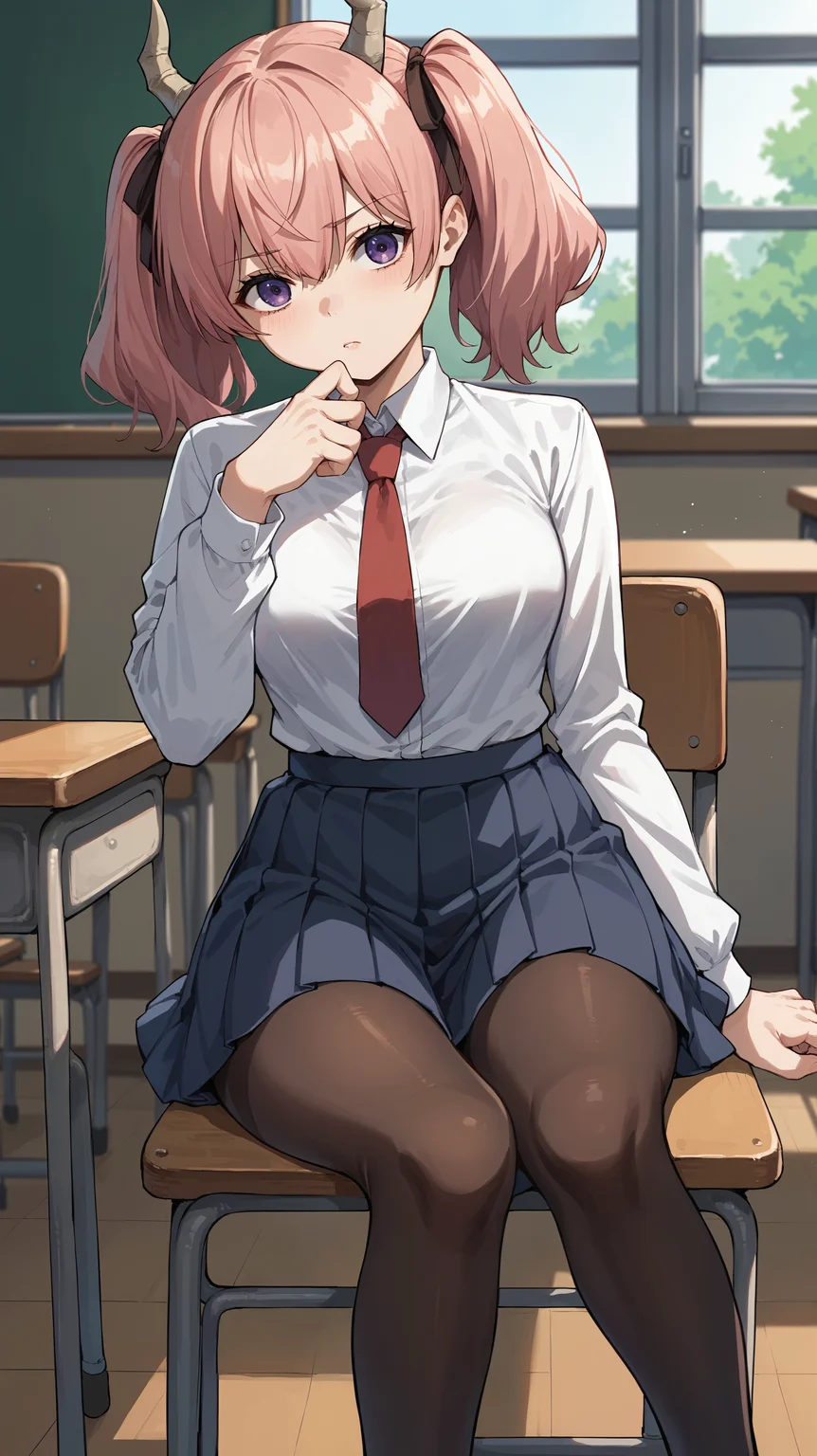 score_9,score_8_up,score_7_up,score_6_up, <lora:xl_more_art-full_v1:0.5>, source_anime, girl, dynamic pose, figure four sitting, <lora:Linie - Pony-000004:0.8>, pink hair, twintails, horns, purple eyes, black hair ribbons, school uniform, red necktie, pleated skirt, blue skirt, pantyhose, classroom, confused, head tilt, panicking,