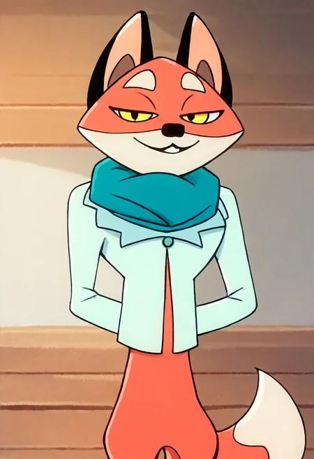 solo, score_9, score_8_up, score_7_up, score_6_up, score_5_up, score_4_up, source_furry, hi res, Rufus, fox, yellow eyes, orange fur, fox tail, 2D, drawing, anthro, confident smile, sfw, standing, green jacket, blue scarf