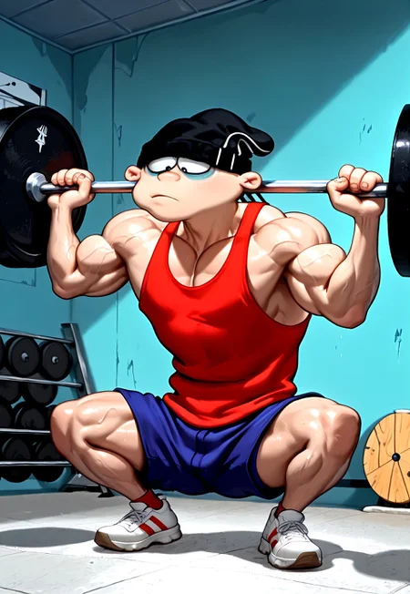Masterpiece, best quality, 8k, newest, absurdres, highly detailed, 1boy, solo, eddboi, sockhead, white sclera, black pupils, (extremely muscular:1.4), big biceps, black beanie, red sleeveless shirt, blue shorts, sneakers, shredded, lifting a massive barbell, gym setting, squatting, detailed background,