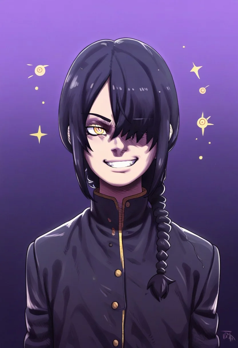 score_9, score_8_up, score_7_up, score_6_up, score_5_up, (D-ART, D-ART Style, 18dart3, 18dart2, 18DART1, !!, ??, Nayuta, 1girl, ringed eyes, black hair, yellow eyes, single braid, medium hair, hair over one eye, black oversize coat, pair of stockings, floating, wide grin, gradient background)
