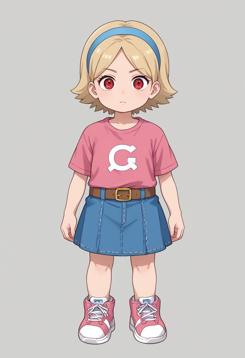 score_8, score_8_up, score_7_up, BREAK female focus, 1girl, solo, dorinha, short hair, shirt, skirt, short sleeves, hairband, shoes, belt, blue skirt, denim, sneakers, pink shirt, pink footwear, brown belt, blue hairband, denim skirt, standing, animedoujutsu, , animeeyes, solid circle eyes, red eyes, sharingan, sharingan \(three\),
