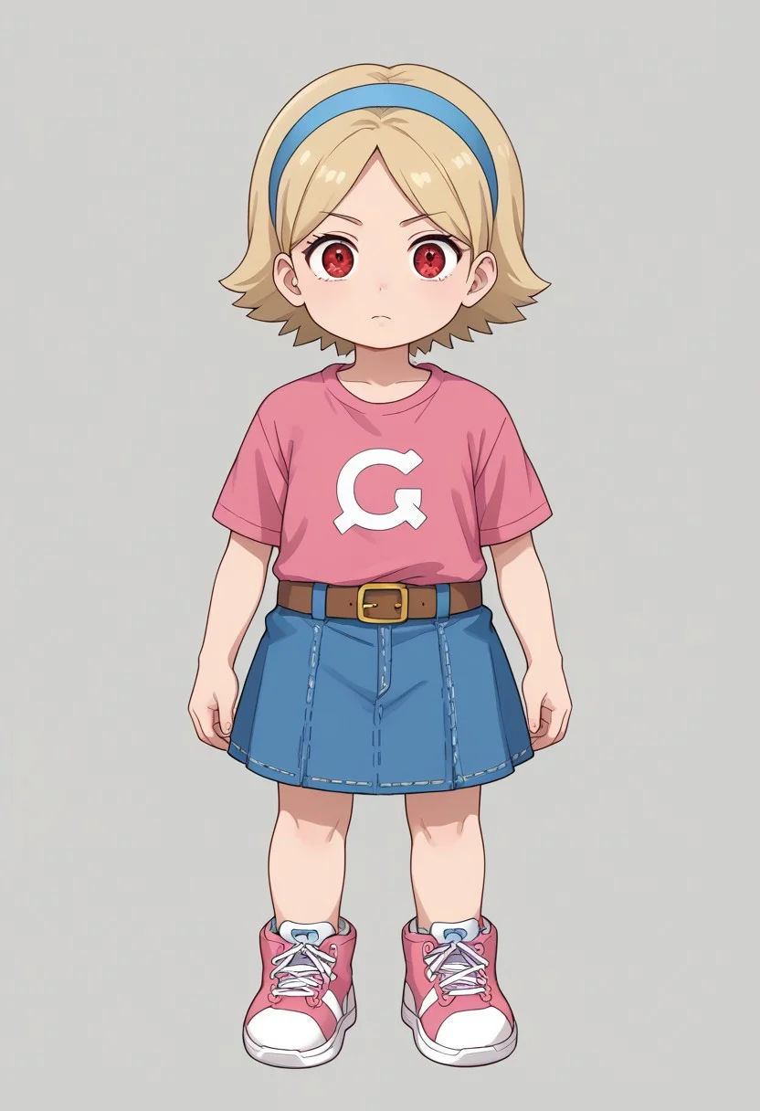 score_8, score_8_up, score_7_up, BREAK female focus, 1girl, solo, dorinha, short hair, shirt, skirt, short sleeves, hairband, shoes, belt, blue skirt, denim, sneakers, pink shirt, pink footwear, brown belt, blue hairband, denim skirt, standing, animedoujutsu, , animeeyes, solid circle eyes, red eyes, sharingan, sharingan \(three\),