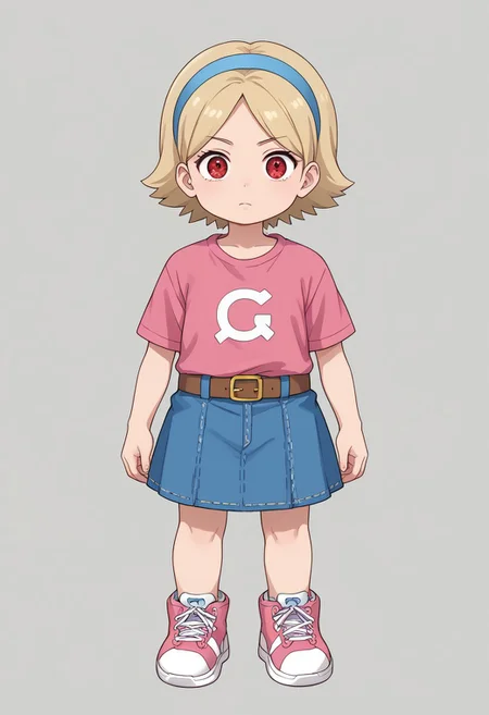 score_8, score_8_up, score_7_up, BREAK female focus, 1girl, solo, dorinha, short hair, shirt, skirt, short sleeves, hairband, shoes, belt, blue skirt, denim, sneakers, pink shirt, pink footwear, brown belt, blue hairband, denim skirt, standing, animedoujutsu, , animeeyes, solid circle eyes, red eyes, sharingan, sharingan \(three\),