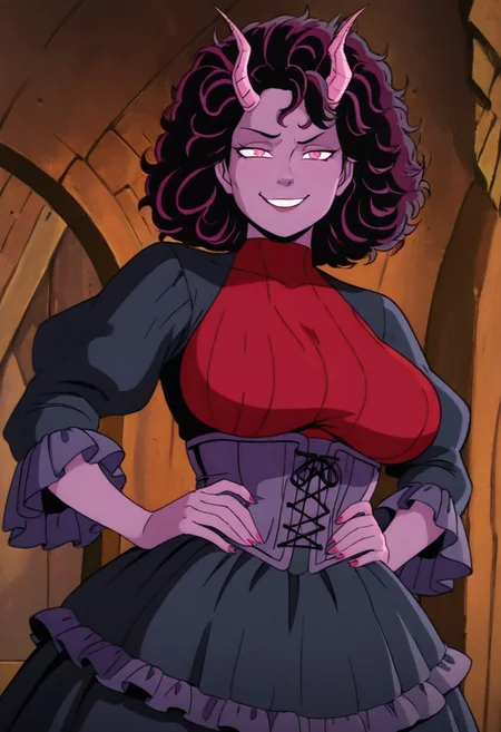 masterpiece, best quality, newest, absurdres, highres,
X-1990STV1.0,
1girl, demon girl, Purple skin, Purple colored skin, colored skin, curly hair, corset, red coreset, frills, frilled dress, black dress, pink eyes, black hair, smug, smile, horns, demon horns, mature, mature female,
