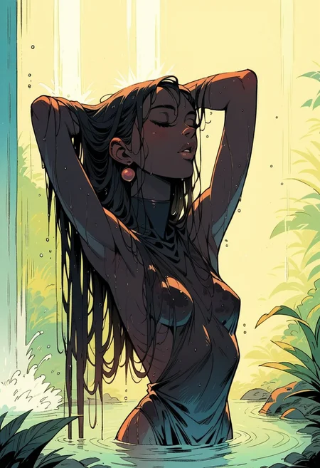 score_9, score_8_up, score_7_up, score_6_up, score_5_up, score_4_up,
best quality, highly detailed, intricate details, extremely detailed, smooth lines,
...
1woman, (black skin), black eyes, (hourglass body), small breasts, on water, long hair, (black hair), front view,
...
standing, (closed eyes), thick lips, parted lips, (wizard clothes), (intrincate clothes), (wet clothes), (wet hair), classic fantasy, earrings, (upper body), (hands behind head), bare shoulders,
...
abstract background, sunlight, water, waterfall,