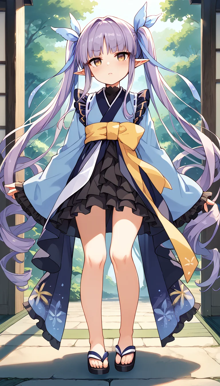 score_9,score_8_up,score_7_up,
official art,official style,game cg,megami magazine,
kyoukadef,
(black skirt:1.2),blue kimono,blue ribbon,black skirt,blush,bow,brown eyes,dress,elf,frilled sleeves,frilled skirt,
frills,hair ribbon,japanese clothes,kimono,layered skirt,long hair,long sleeves,pointy ears,purple hair,
ribbon,skirt,twintails,very long hair,wide sleeves,yellow eyes,
1girl,solo,
standing,full body,
<lora:princess_connect_kyouka_pony_v1:1>,