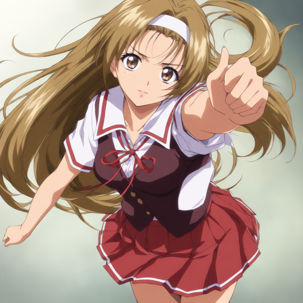 masterpiece,1girl,solo,looking at viewer,school uniform,red skirt,<lora:Akemi_Respect ag4o v1:1> akemi_respect, brown hair, long hair, brown eyes, hairband,
