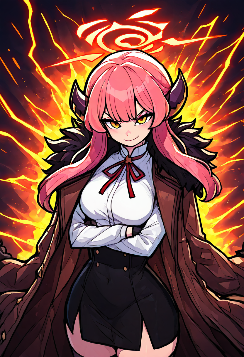 masterpiece, best quality, medium breasts, (curvy),   zzAru, yellow eyes, pink hair, long hair, demon horns, halo,   brown coat, white shirt, black skirt, red ribbon, fur-trimmed coat,  , <lora:AruBlueArchive_NAI:1.0>,, smile, looking at viewer, cowboy shot,  aura, energy, electricity, dynamic pose, ,<lora:EnergyCAT_NAI:1.0>,
